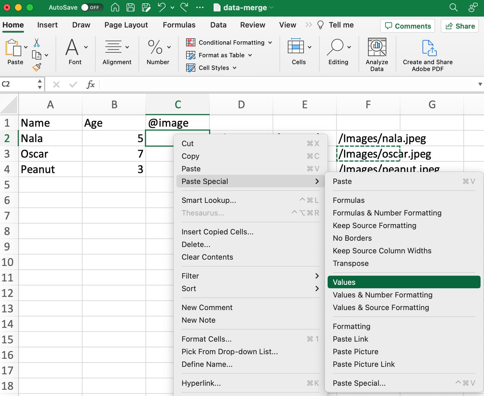 spreadsheet data merge past special values only