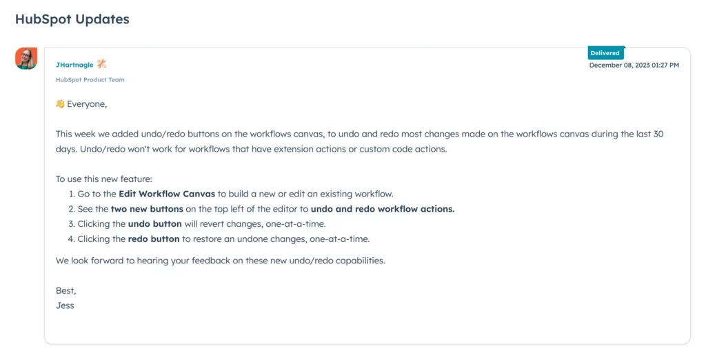 HubSpot Undo Workflow Feature Delivery Update
